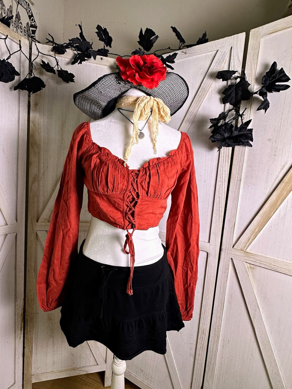 Renaissance Terracotta Red Square Neck Lace-Up Tie Cropped milk maid top S
